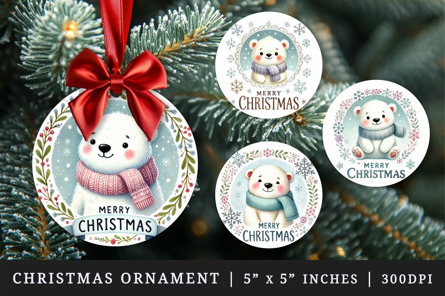 Watercolor cute polar bear in scarf snowflakes quote Merry Christmas quote Christmas New Year winter print round ornament ornaments sublimation design