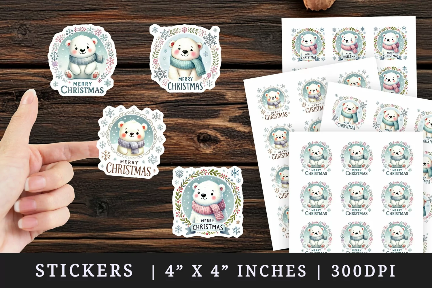 Watercolor cute polar bear in scarf snowflakes quote Merry Christmas quote New Year winter print sticker sheet stickers printable sublimation design png