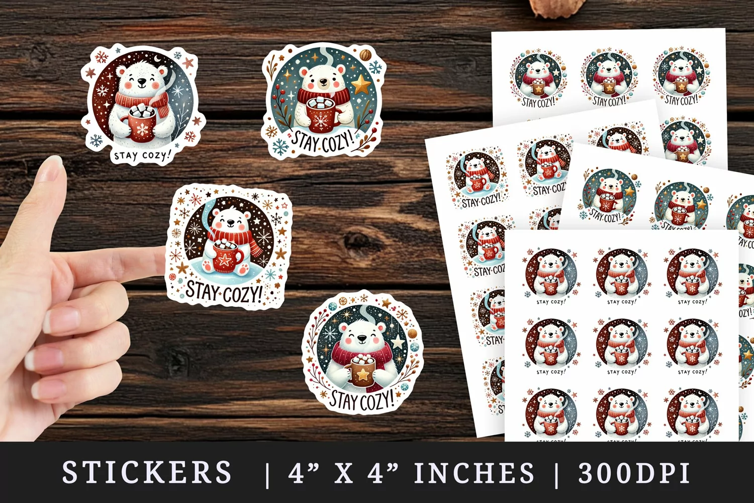 Watercolor cute polar bear mug of hot cocoa marshmallows Christmas quote New Year winter print sticker sheet stickers printable sublimation design png