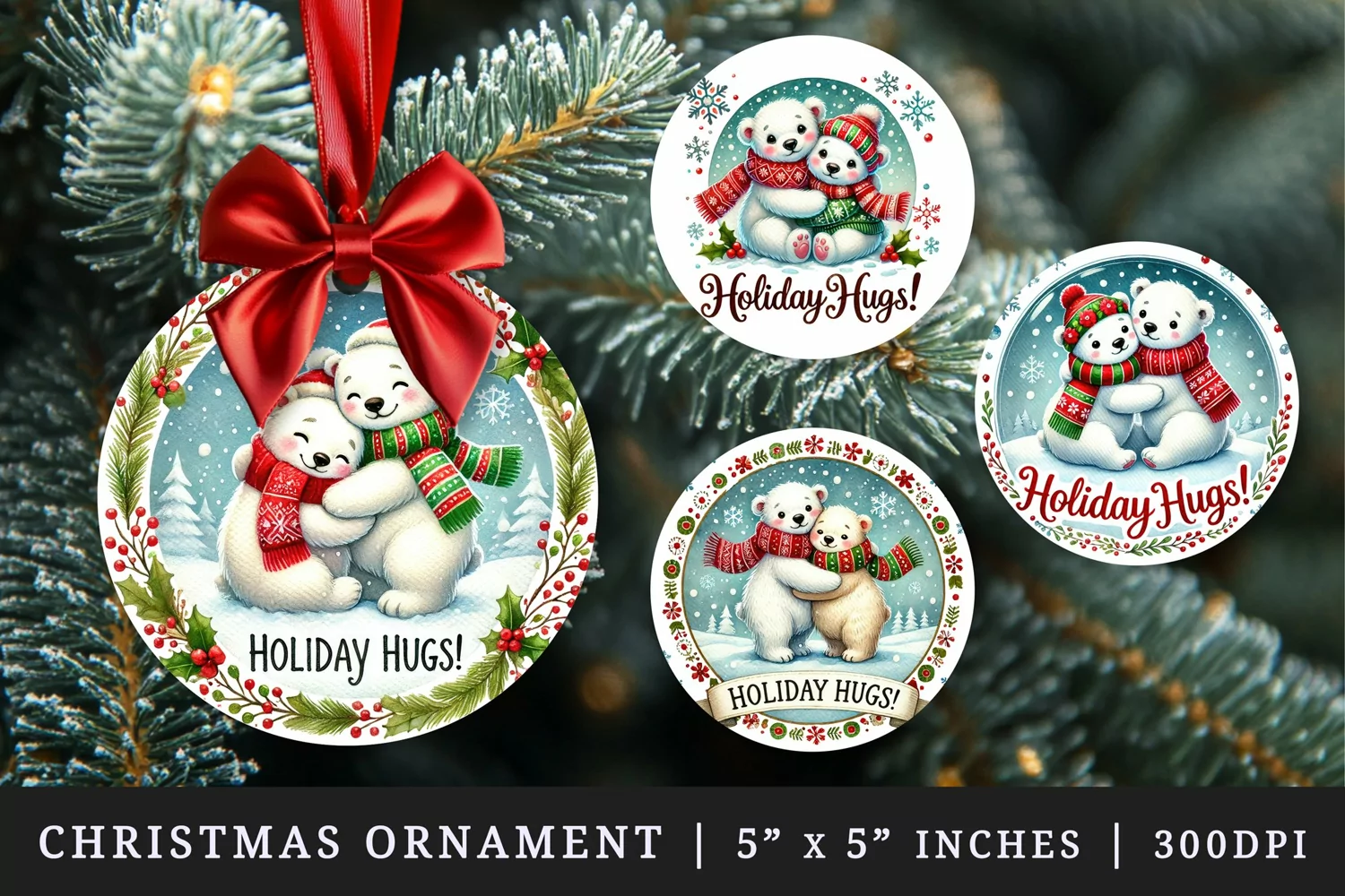 Watercolor cute polar bears hugging snowflakes Holiday Hugs quote Christmas New Year winter print round ornament ornaments sublimation design