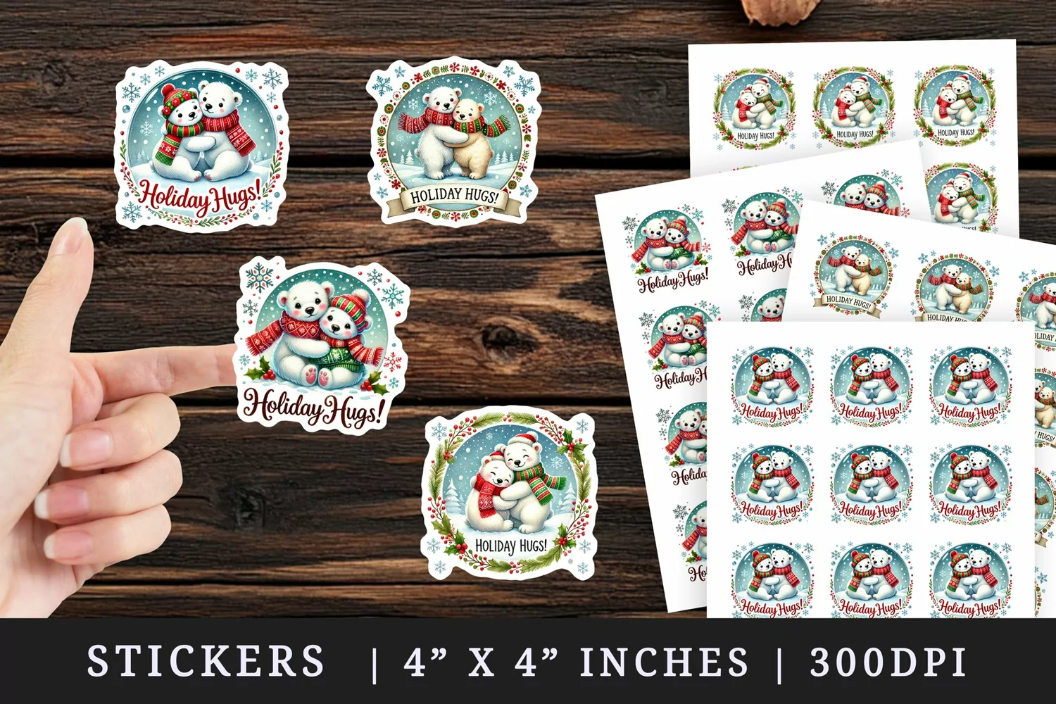 Watercolor cute polar bears hugging snowflakes Holiday Hugs quote Christmas New Year winter print sticker sheet stickers printable sublimation design png