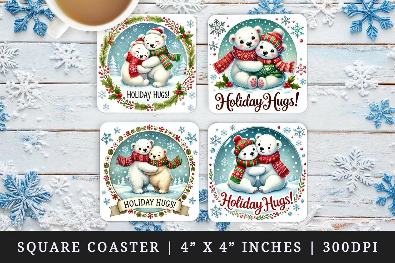 Watercolor cute polar bears hugging snowflakes quote Christmas New Year winter print square coaster mug coasters sublimation design