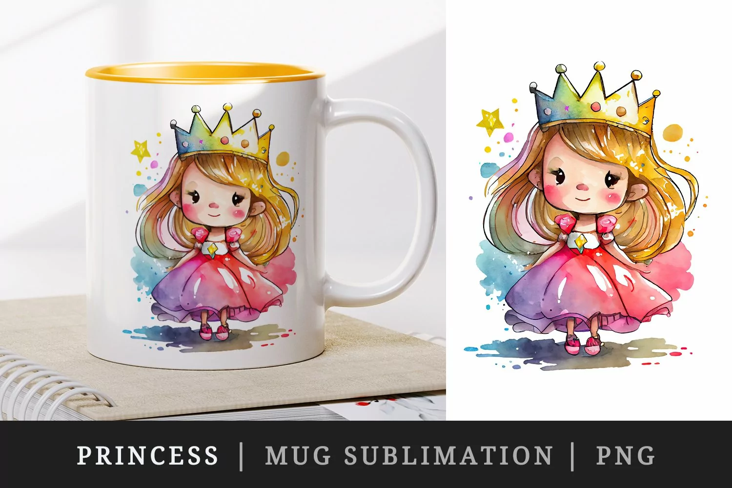 Watercolor princess mug, cup wrap sublimation design png product image 1