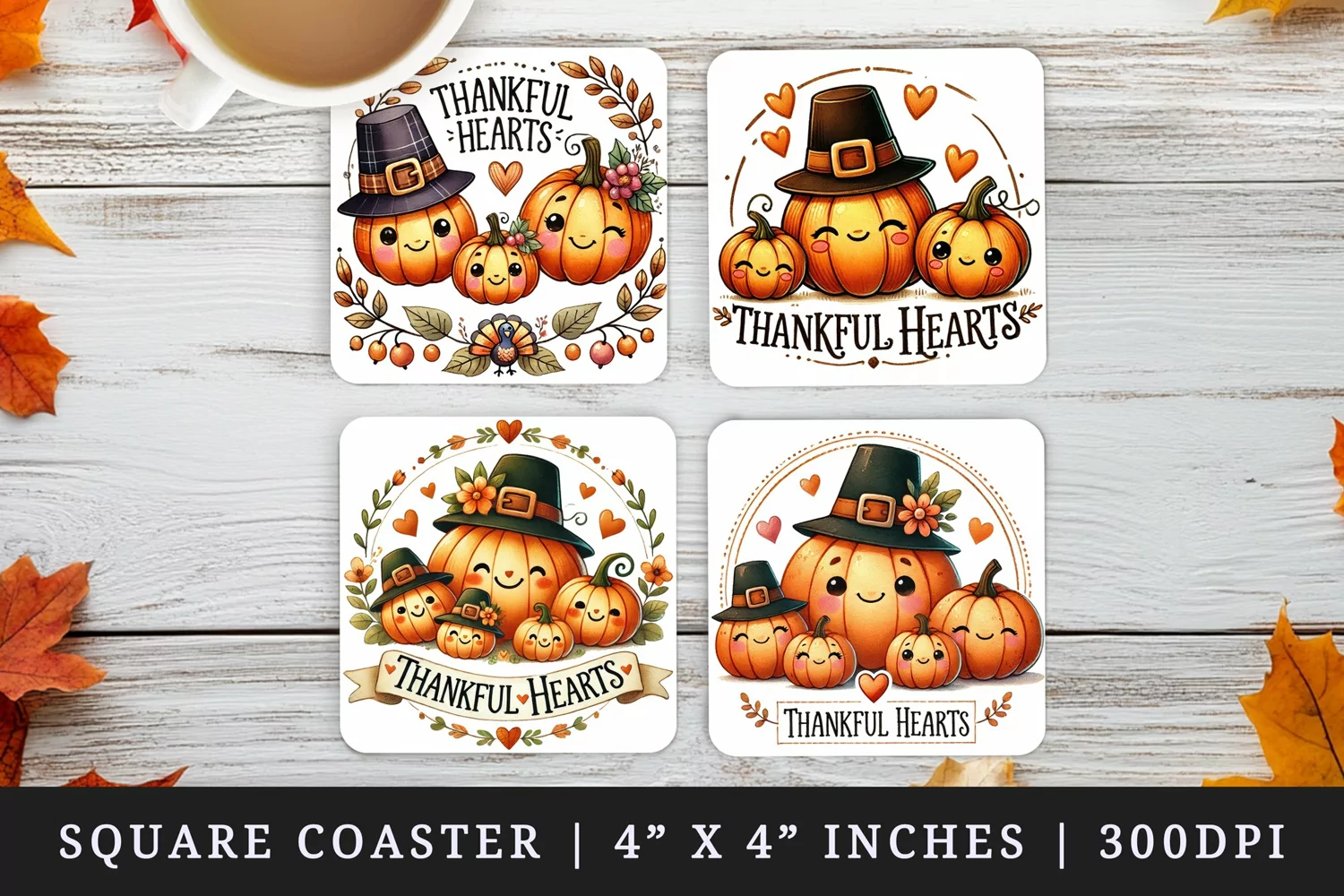Watercolor cute pumpkin family pilgrim hat Thankful Hearts quote Thanksgiving autumn fall print square coaster mug coasters sublimation design
