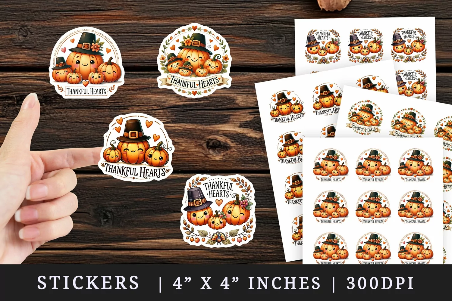 Watercolor cute pumpkin family pilgrim hat Thankful Hearts quote Thanksgiving autumn fall print sticker sheet stickers printable sublimation design png