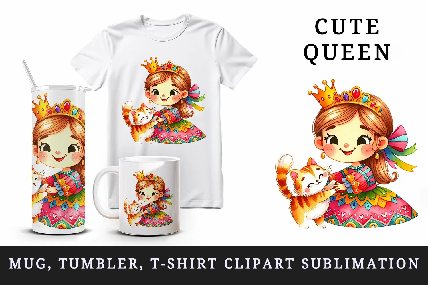 Watercolor cute queen playing with friendly cat smile vibrant dress print 20 oz tumbler skinny mug wrap clipart t-shirt sublimation printable design