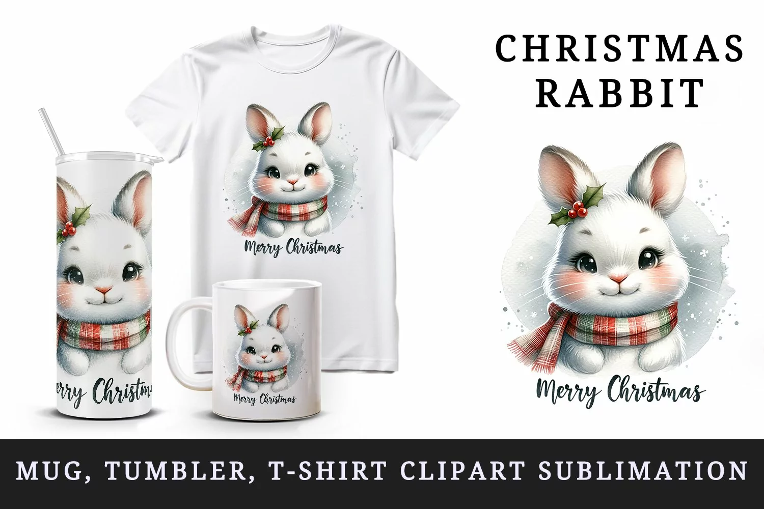 Watercolor cute rabbit cozy scarf Merry Christmas quote print 20 oz tumbler skinny mug wrap clipart t-shirt sublimation printable design