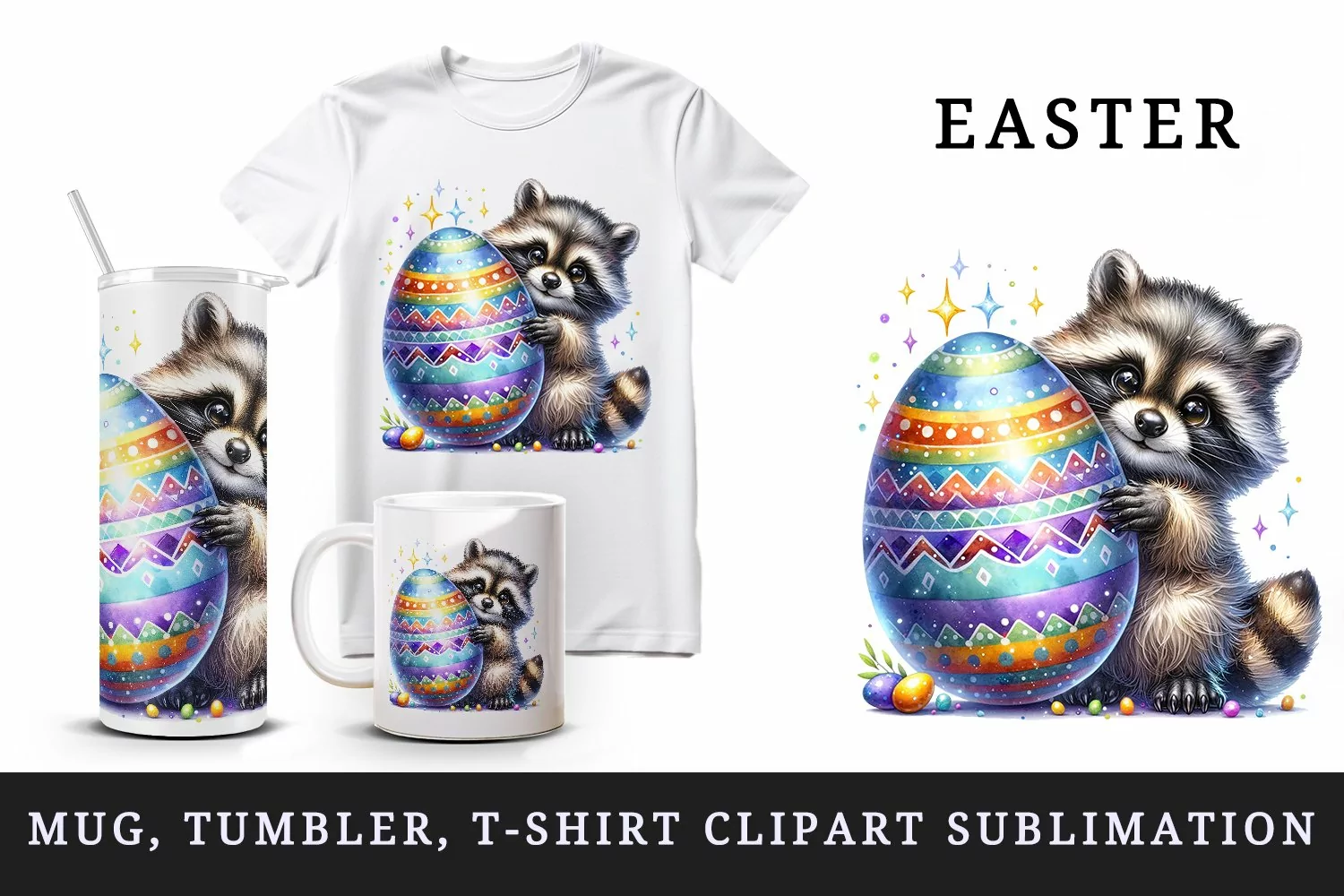 Watercolor cute raccoon calf peeking out from giant Easter eggs animal print 20oz tumbler skinny mug wrap clipart t-shirt sublimation printable design