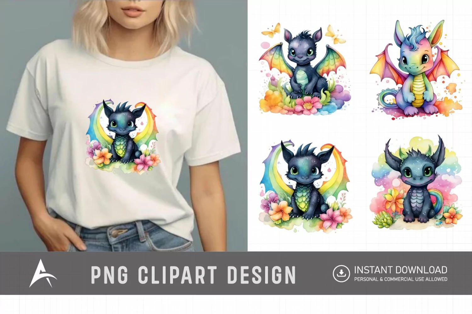 Watercolor Cute Rainbow Dragon Clipart product image 1