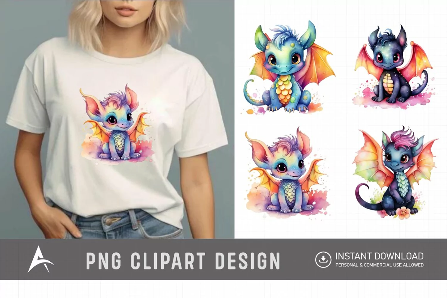 Watercolor Cute Rainbow Dragon Clipart product image 1
