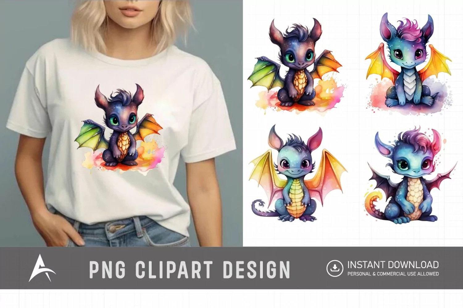Watercolor Cute Rainbow Dragon Clipart product image 1