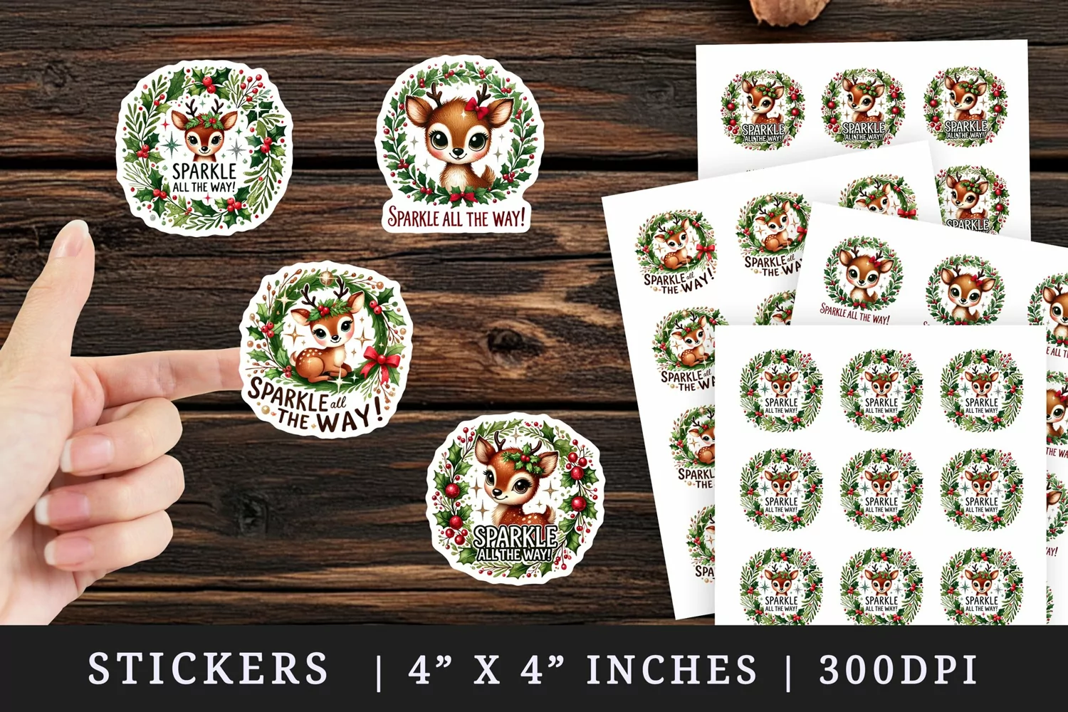 Watercolor cute reindeer and wreath made of holly berries Christmas quote New Year winter print sticker sheet stickers printable sublimation design png