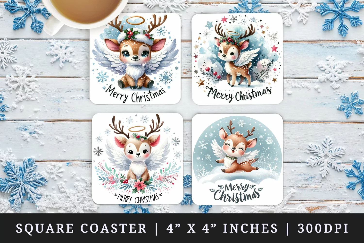Watercolor cute reindeer with angel wings falling snowflakes Merry Christmas quote New Year winter print square coaster mug coasters sublimation design