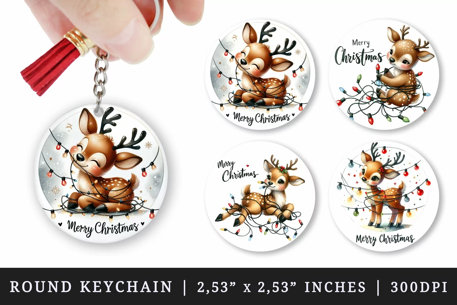 Watercolor cute reindeer entangled in string of lights Merry Christmas quote New Year winter print round keychain keychains sublimation design