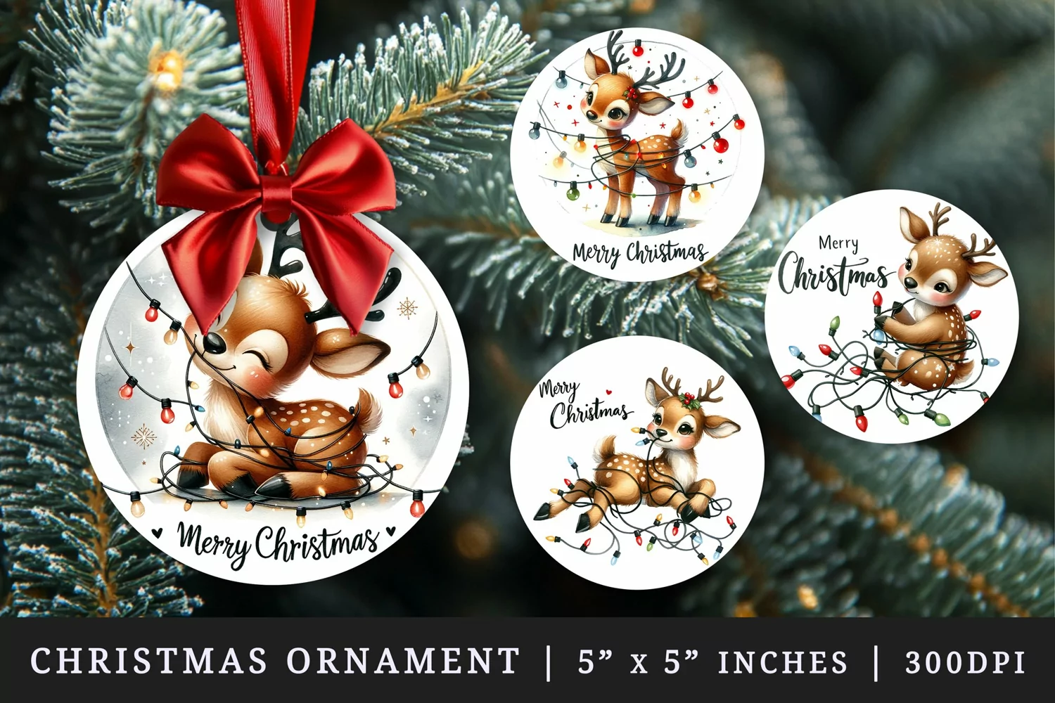 Watercolor cute reindeer entangled in string of lights Merry Christmas quote New Year winter print round ornament ornaments sublimation design