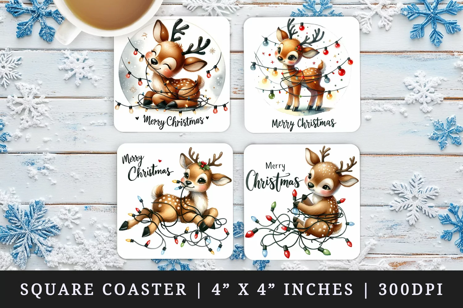 Watercolor cute reindeer entangled in string of lights Merry Christmas quote New Year winter print square coaster mug coasters sublimation design