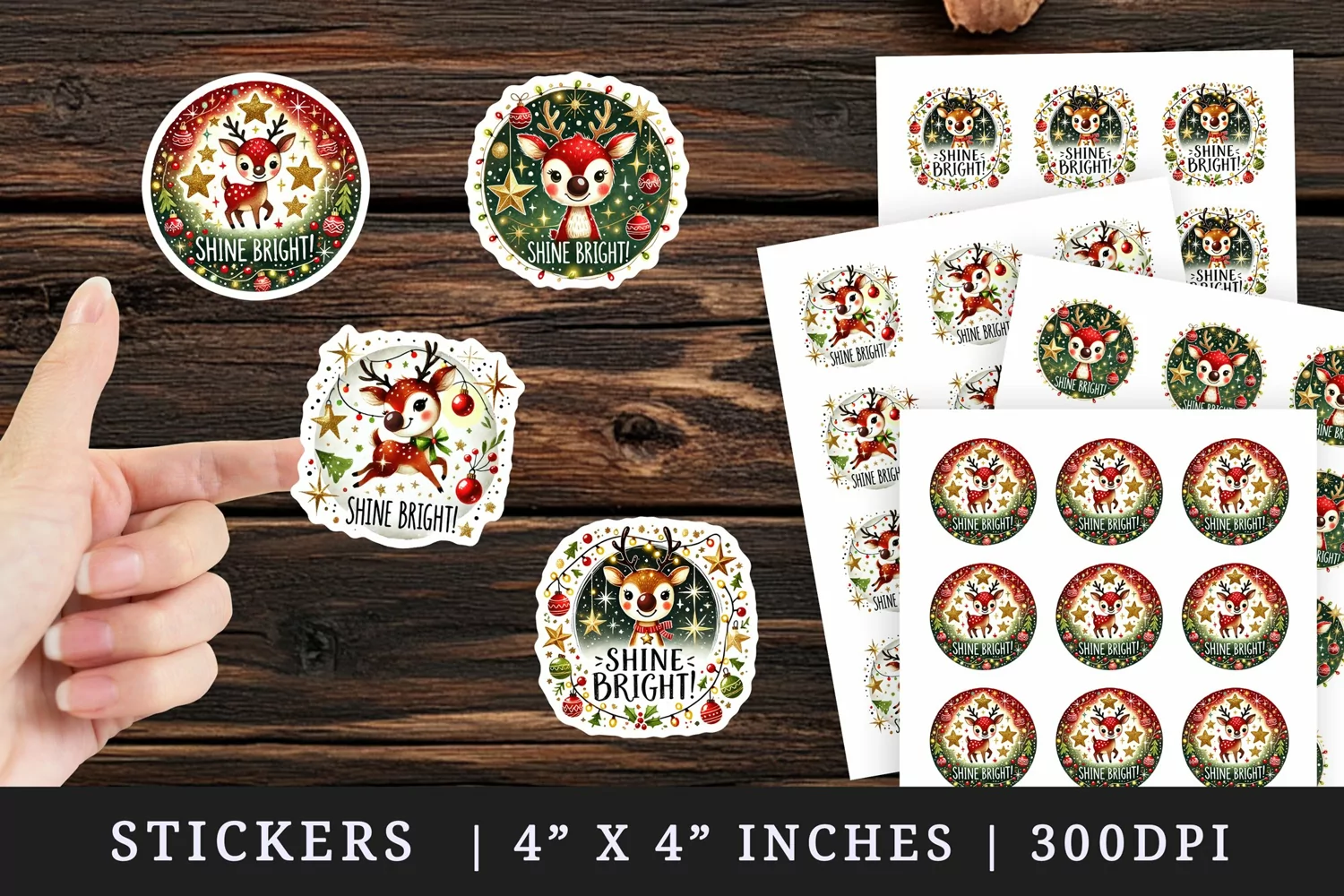 Watercolor cute reindeer festive lights Shine bright Christmas quote New Year winter print sticker sheet stickers printable sublimation design png