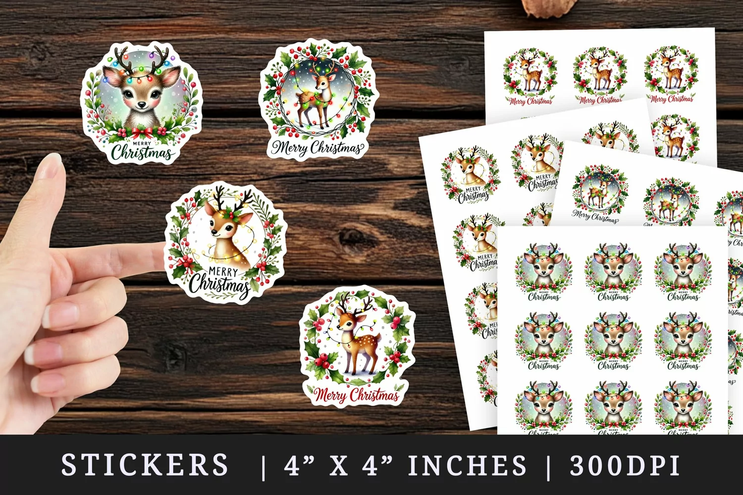Watercolor cute reindeer lights antlers snowflakes quote Merry Christmas New Year winter print sticker sheet stickers printable sublimation design png