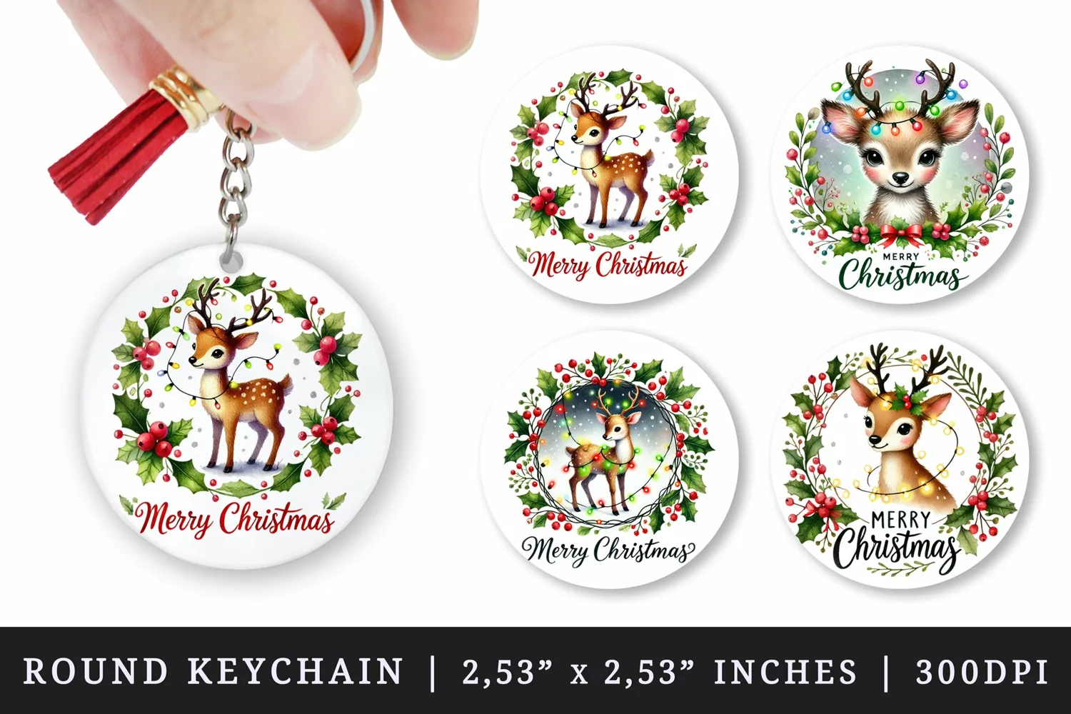 Watercolor cute reindeer lights around its antlers snowflakes quote Merry Christmas New Year winter print round keychain keychains sublimation design