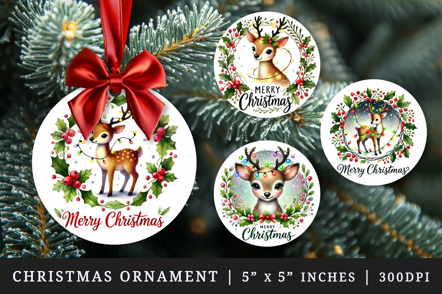 Watercolor cute reindeer lights around its antlers snowflakes quote Merry Christmas New Year winter print round ornament ornaments sublimation design