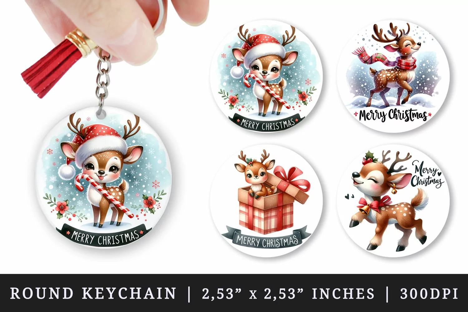 Watercolor cute reindeer Santa hat bell gift box snowflakes Merry Christmas quote New Year winter print round keychain keychains sublimation design