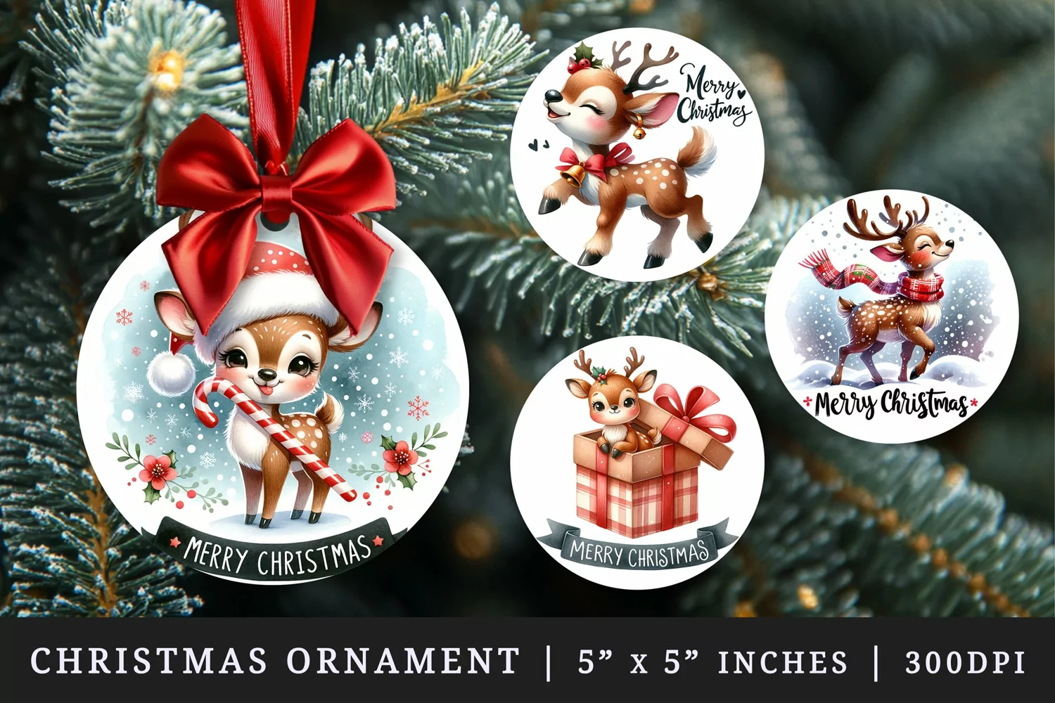Watercolor cute reindeer Santa hat bell gift box snowflakes Merry Christmas quote New Year winter print round ornament ornaments sublimation design