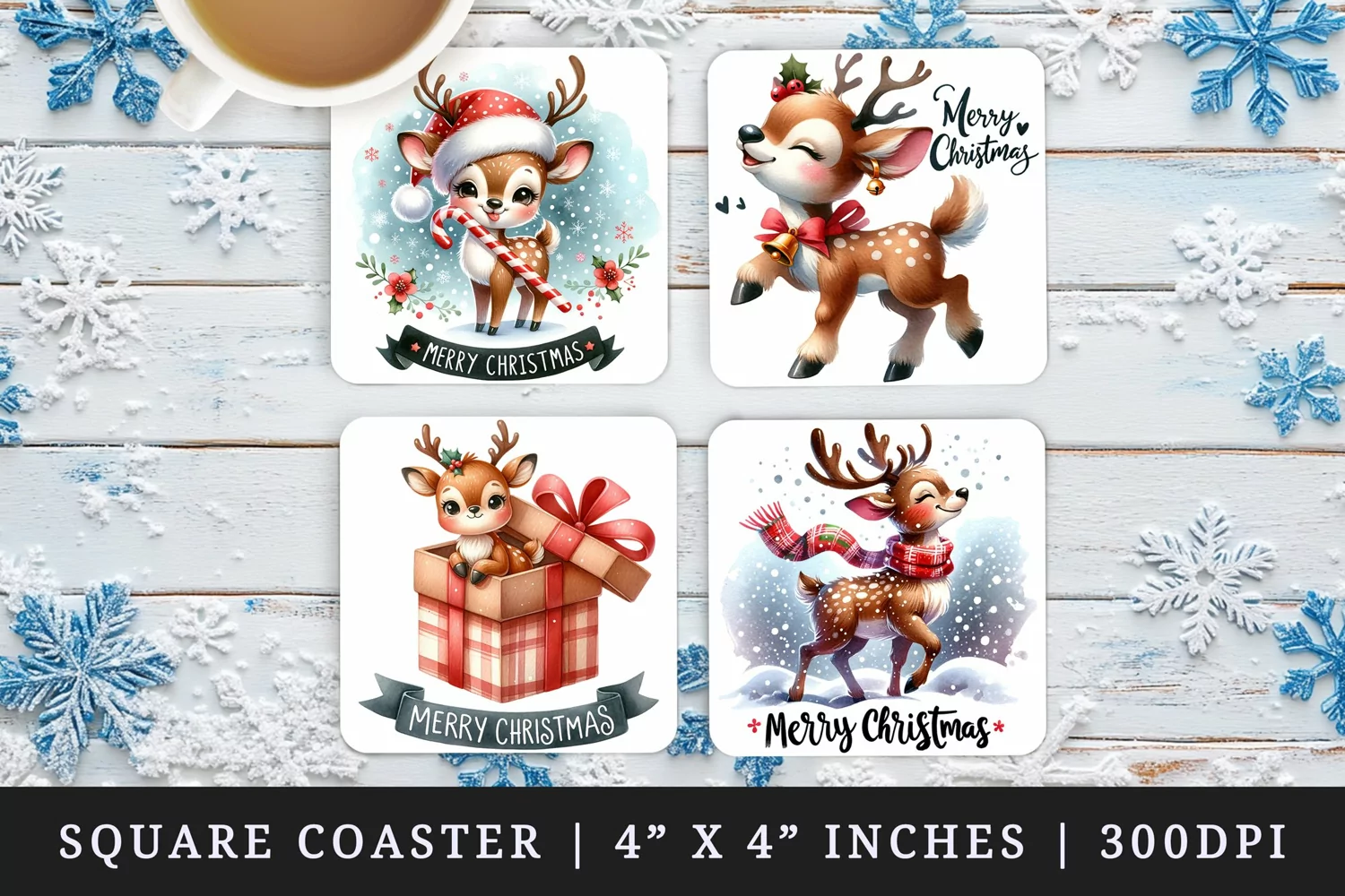 Watercolor cute reindeer Santa hat bell gift box snowflakes Merry Christmas quote New Year winter print square coaster mug coasters sublimation design