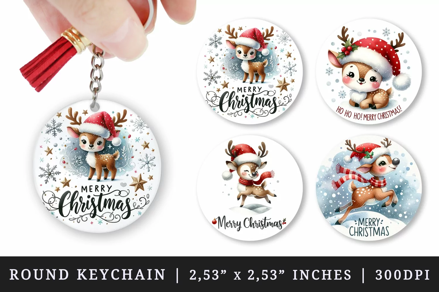 Watercolor cute reindeer Santa hat snowflakes Merry Christmas quote New Year winter print round keychain keychains sublimation design