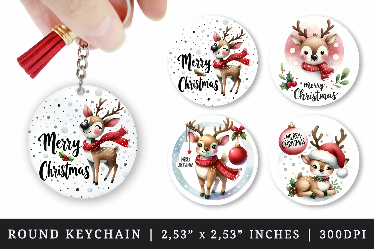 Watercolor cute reindeer Santa hat snowflakes Merry Christmas quote New Year winter print round keychain keychains sublimation design