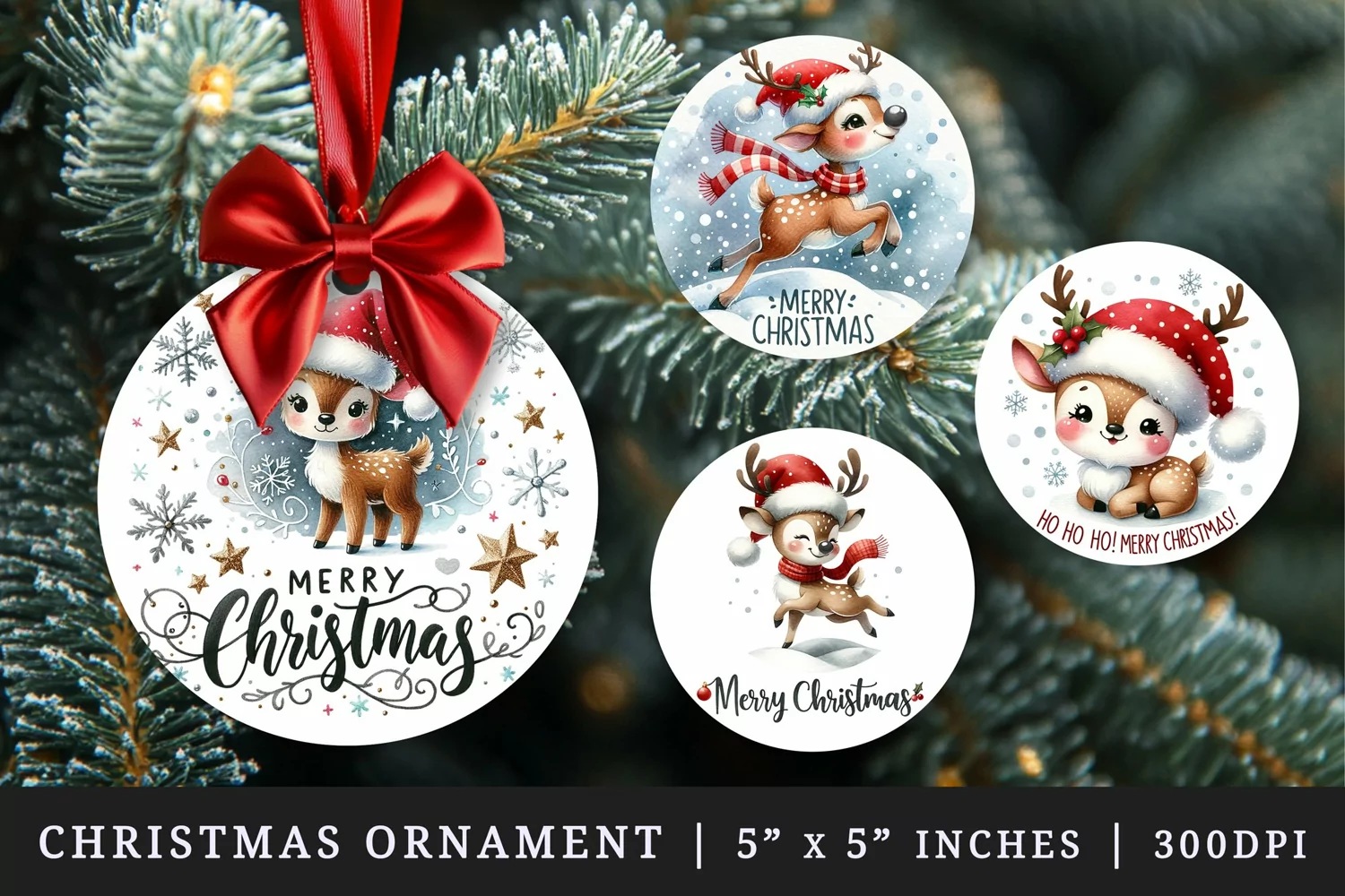 Watercolor cute reindeer Santa hat snowflakes Merry Christmas quote New Year winter print round ornament ornaments sublimation design