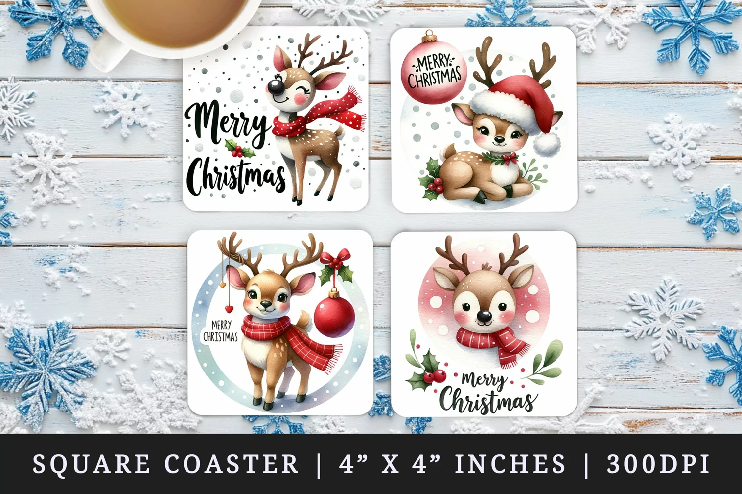 Watercolor cute reindeer Santa hat snowflakes Merry Christmas quote New Year winter print square coaster mug coasters sublimation design