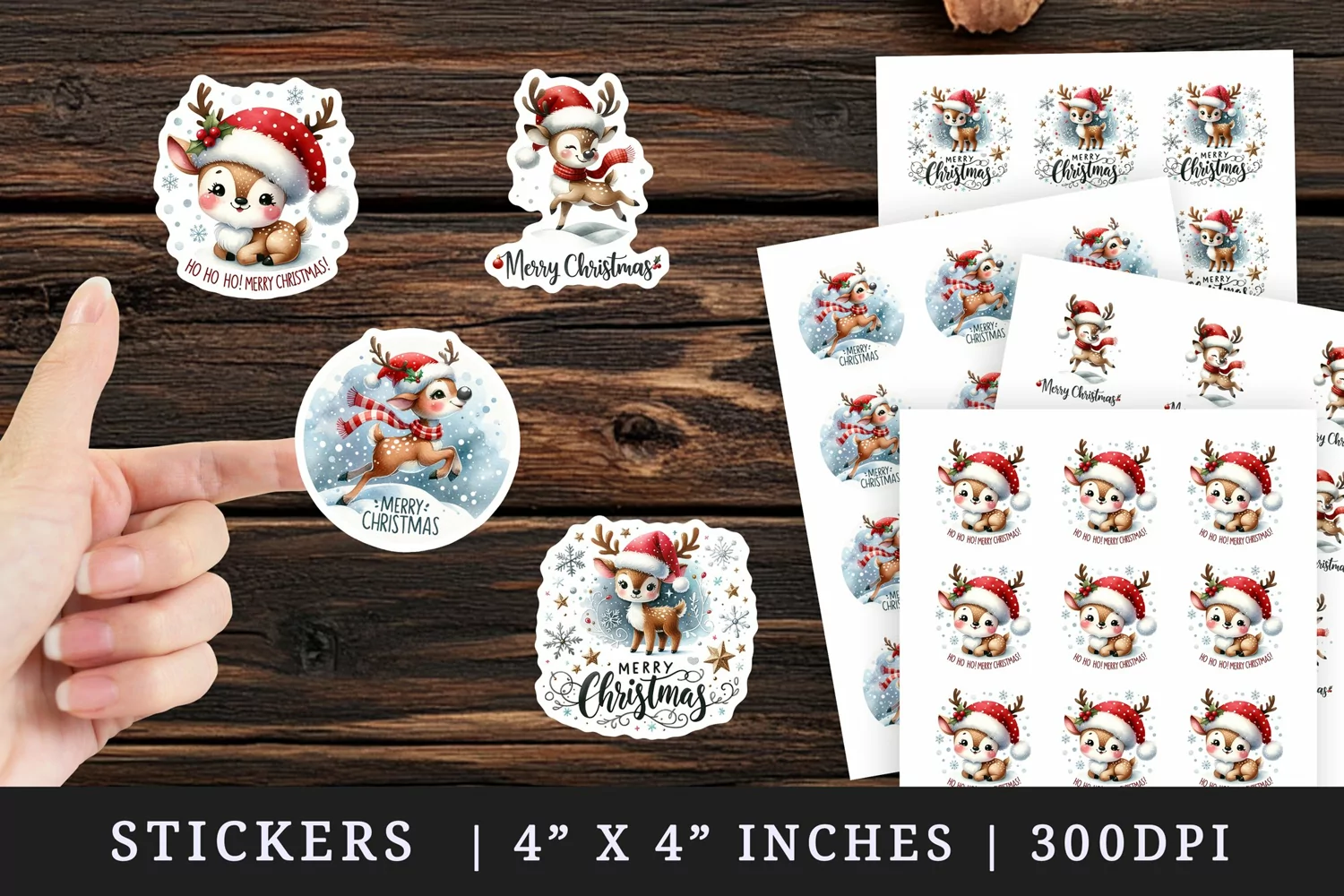 Watercolor cute reindeer Santa hat snowflakes Merry Christmas quote New Year winter print sticker sheet stickers printable sublimation design png
