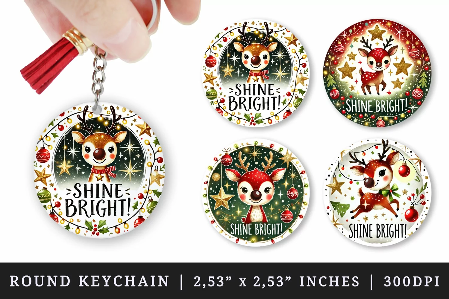 Watercolor cute reindeer surrounded by festive lights Shine bright Christmas quote New Year winter print round keychain keychains sublimation design