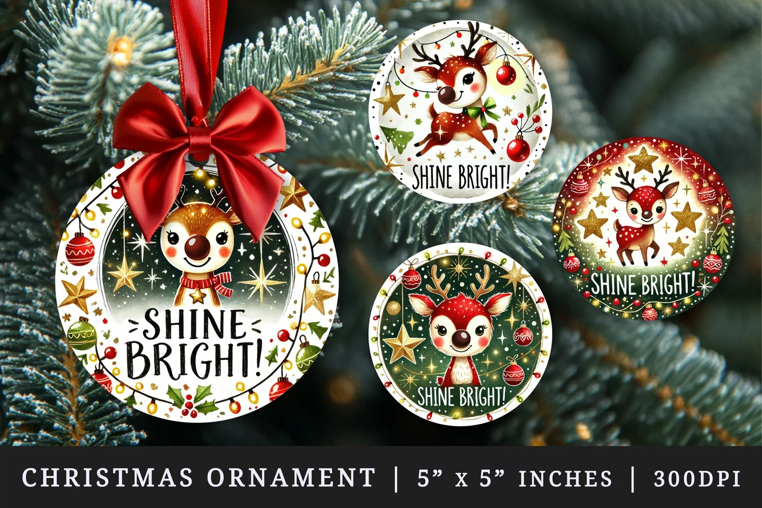 Watercolor cute reindeer surrounded by festive lights Shine bright Christmas quote New Year winter print round ornament ornaments sublimation design