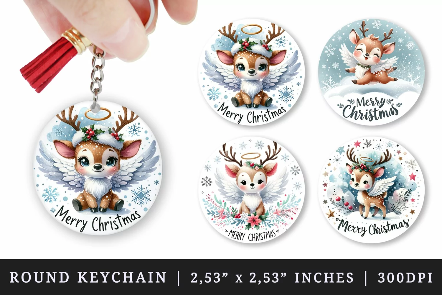 Watercolor cute reindeer with angel wings falling snowflakes Merry Christmas quote New Year winter print round keychain keychains sublimation design