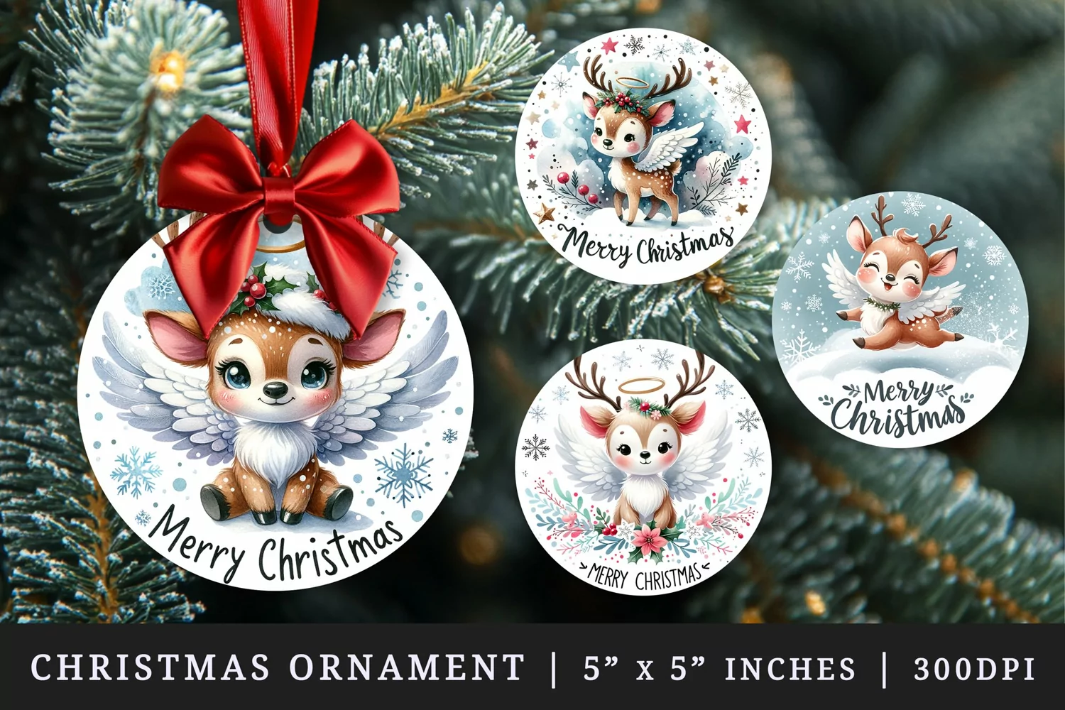 Watercolor cute reindeer with angel wings falling snowflakes Merry Christmas quote New Year winter print round ornament ornaments sublimation design