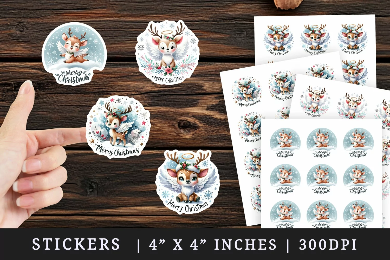 Watercolor cute reindeer with angel wings snowflakes Merry Christmas quote New Year winter print sticker sheet stickers printable sublimation design png