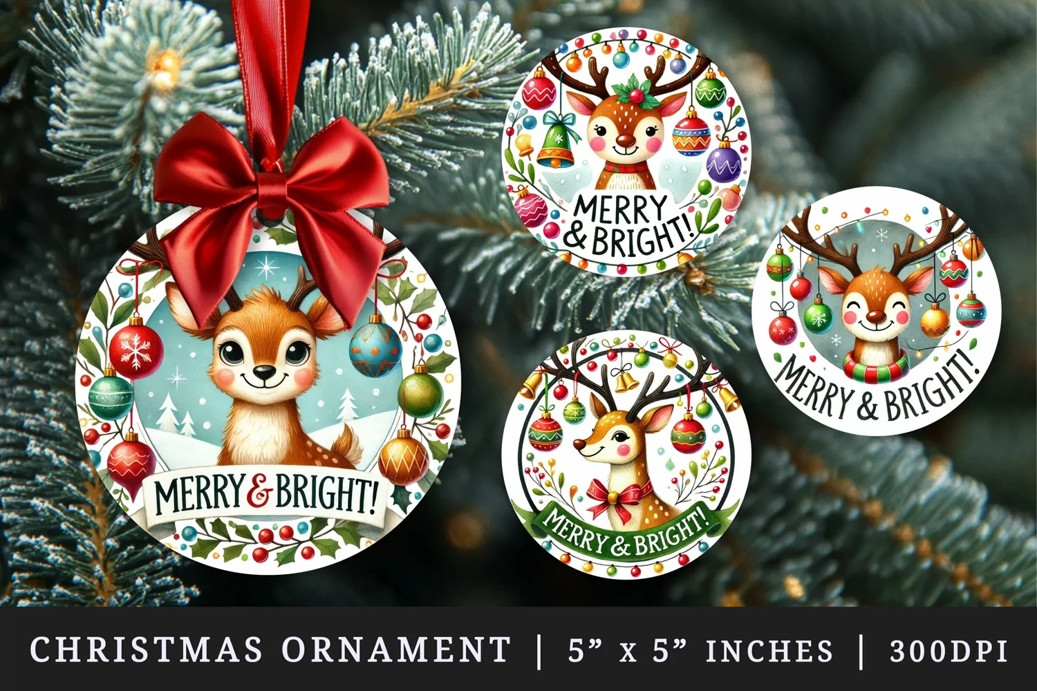 Watercolor cute reindeer with ornaments Merry and Bright quote Christmas New Year winter print round ornament ornaments sublimation design