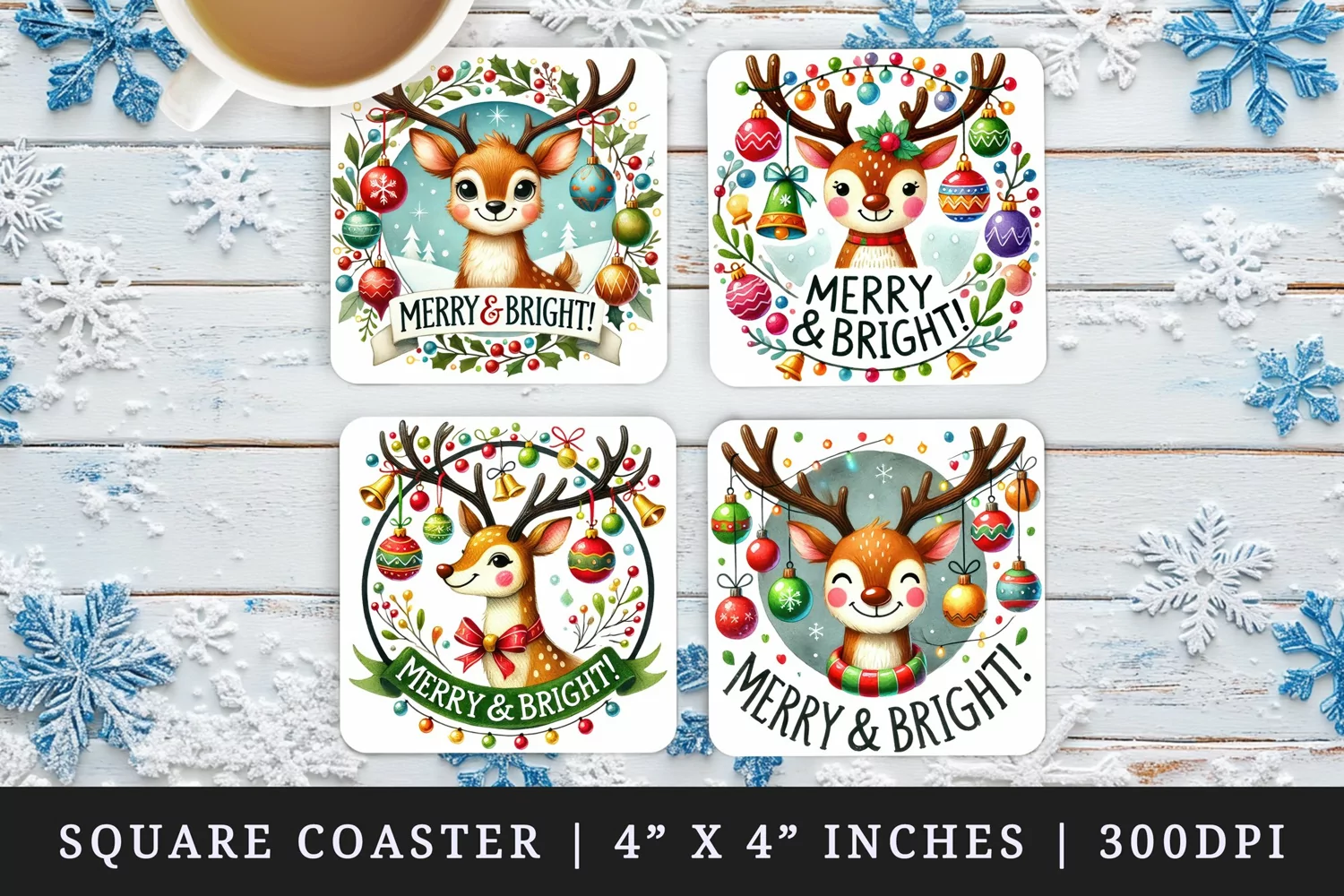 Watercolor cute reindeer with ornaments Merry and Bright quote Christmas New Year winter print square coaster mug coasters sublimation design