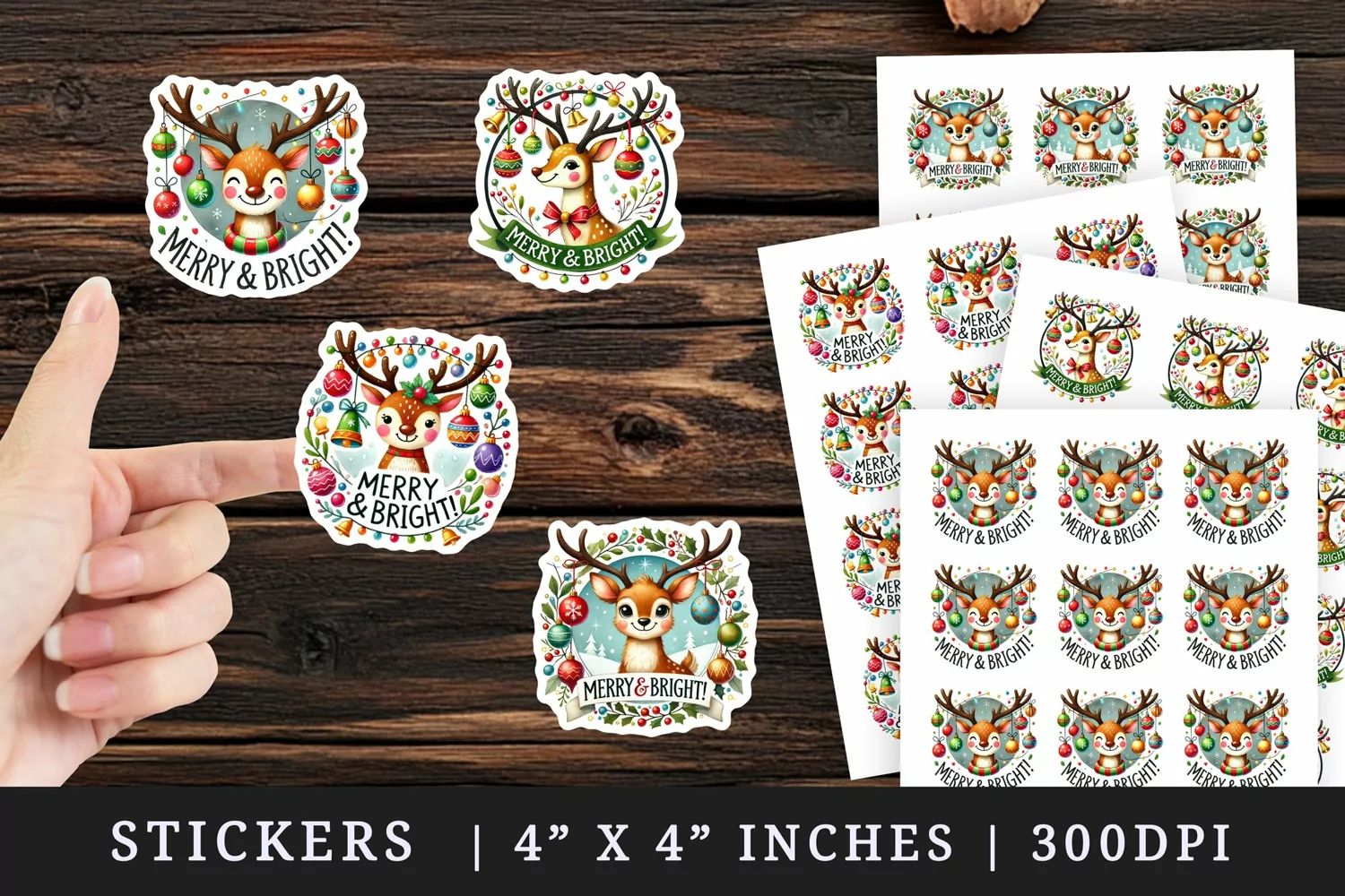 Watercolor cute reindeer with ornaments Merry and Bright quote Christmas New Year winter print sticker sheet stickers printable sublimation design png