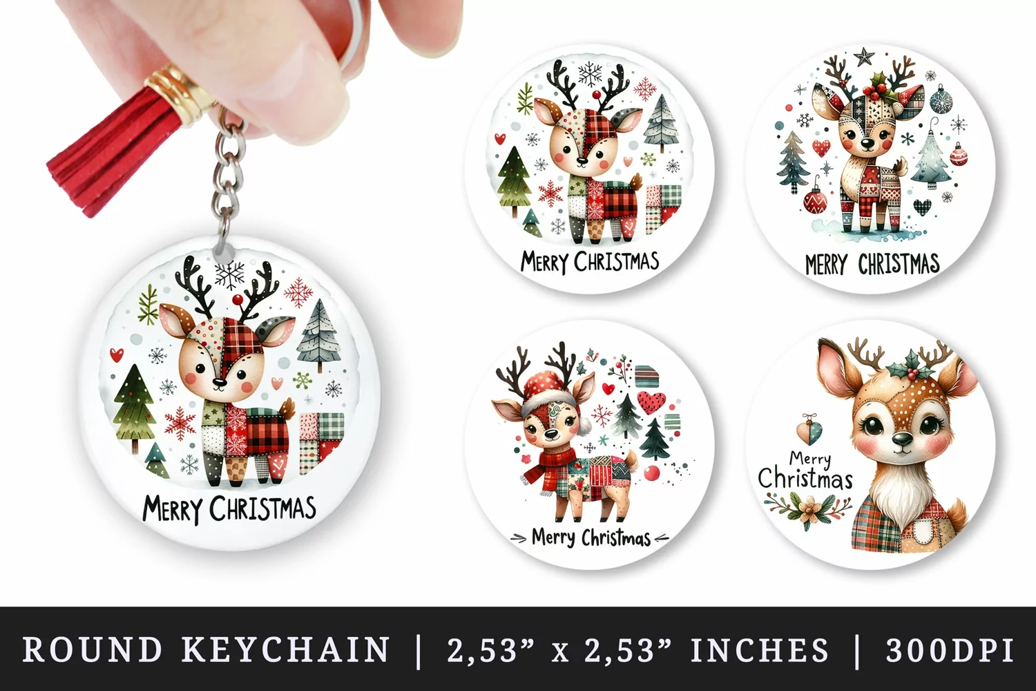 Watercolor cute reindeer with patchwork Merry Christmas quote New Year winter print round keychain keychains sublimation design