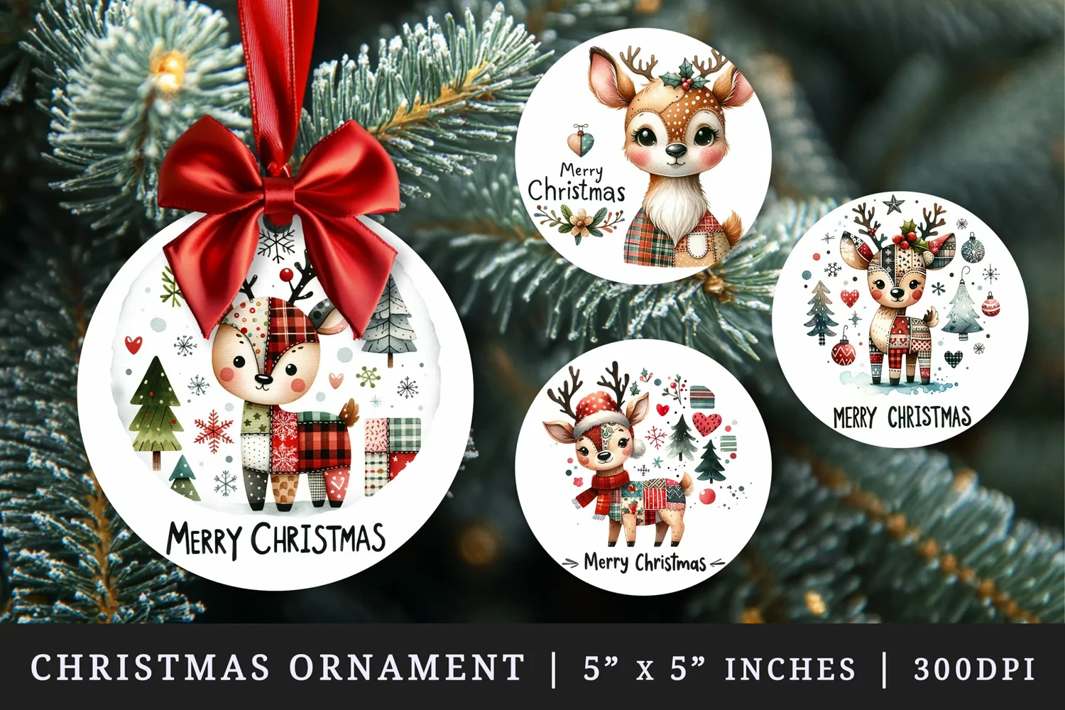 Watercolor cute reindeer with patchwork Merry Christmas quote New Year winter print round ornament ornaments sublimation design