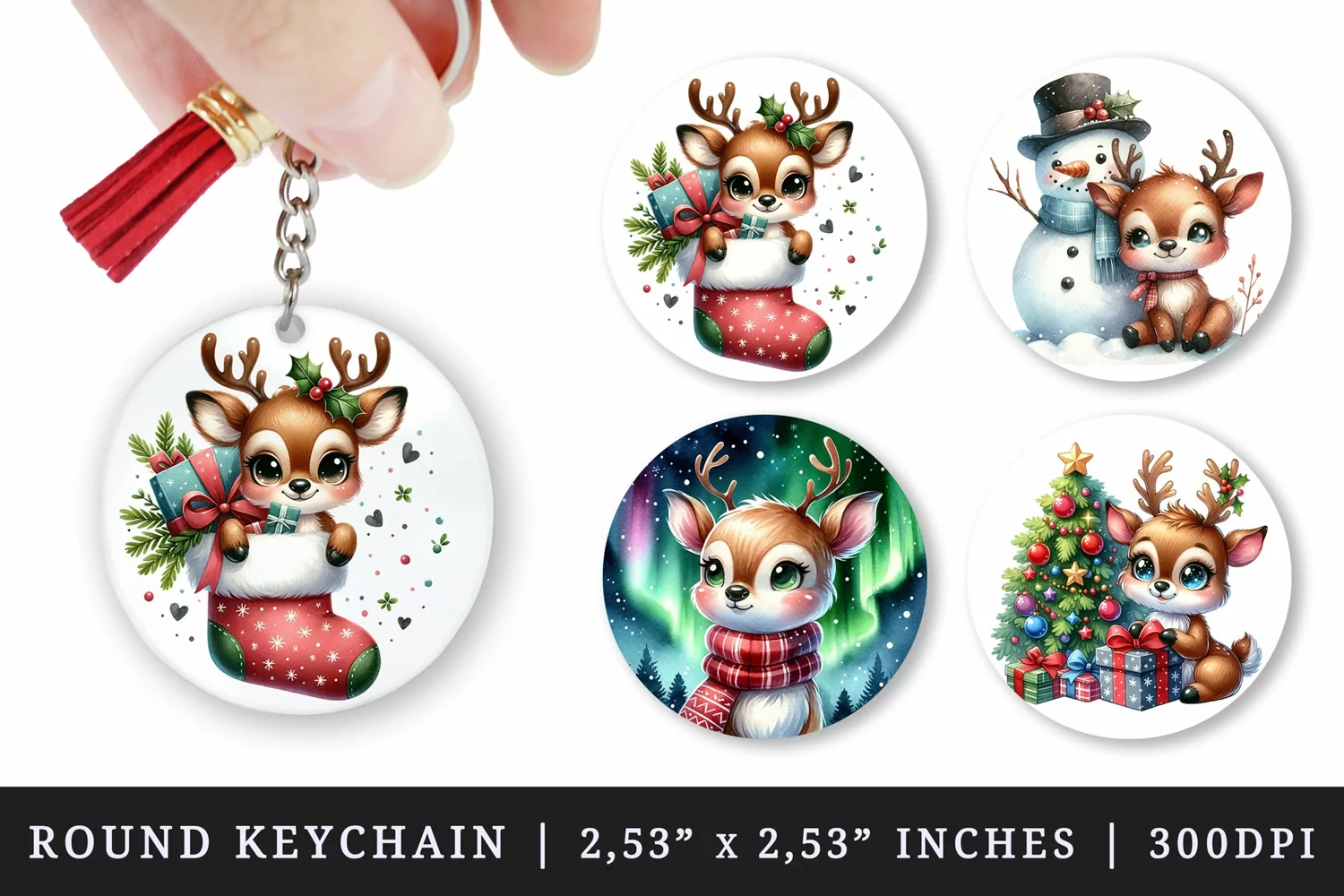 Watercolor cute reindeer with snowman stocking starry night sky Christmas tree New Year winter print round keychain keychains sublimation design