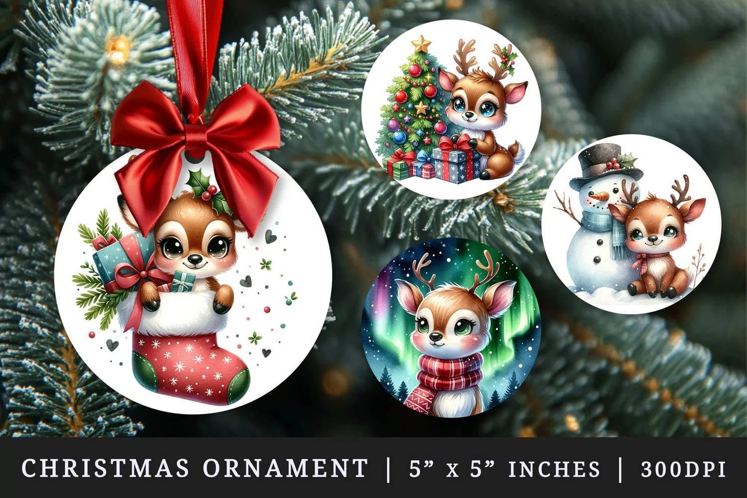 Watercolor cute reindeer with snowman stocking starry night sky Christmas tree New Year winter print round ornament ornaments sublimation design