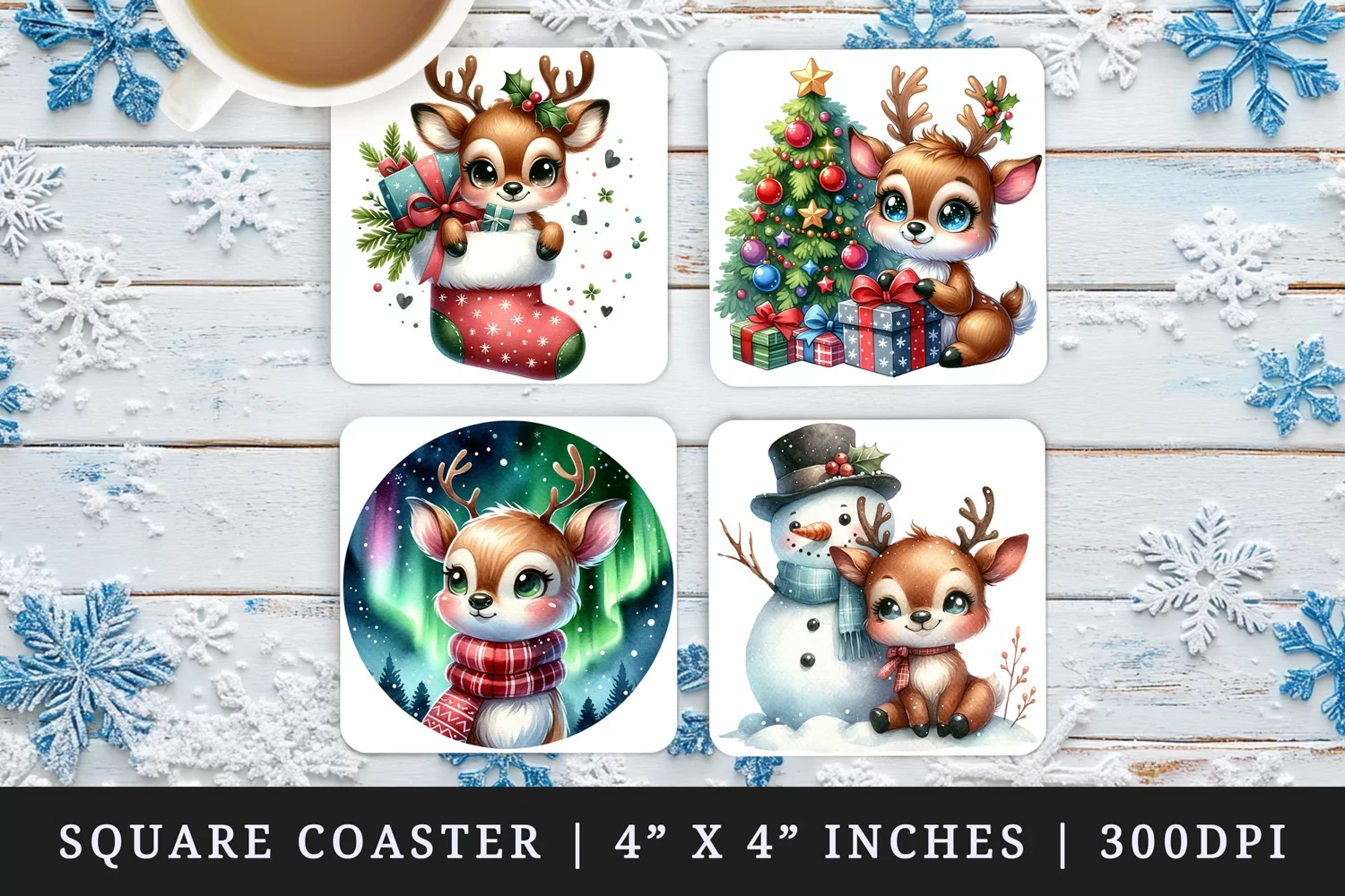 Watercolor cute reindeer with snowman stocking starry night sky Christmas tree New Year winter print square coaster mug coasters sublimation design