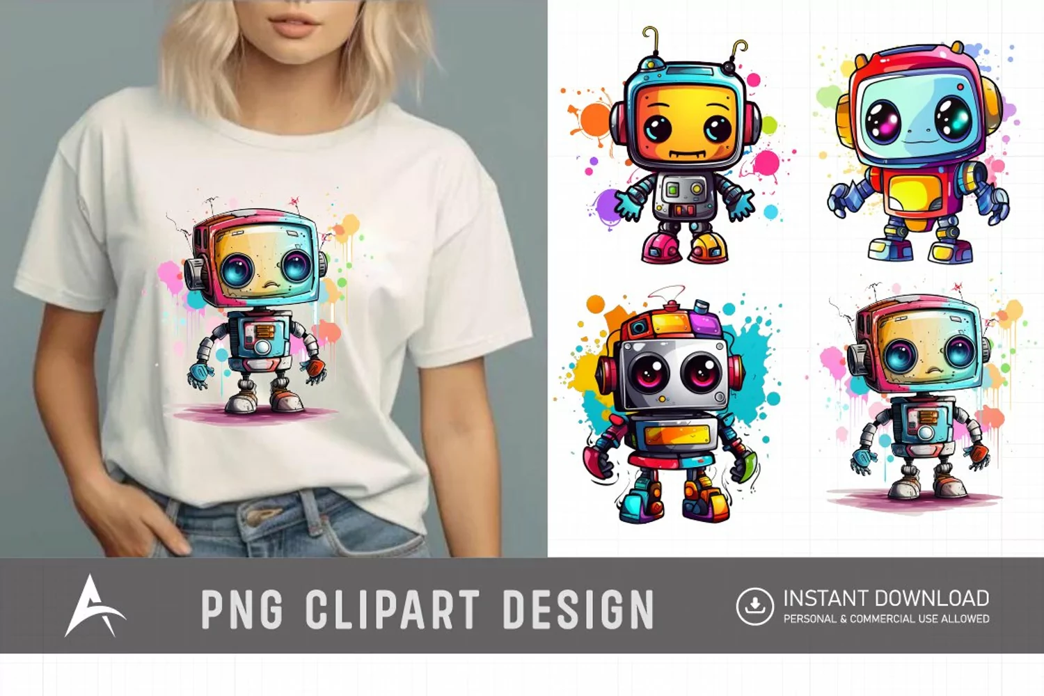 Watercolor Cute Robot Clipart product image 1