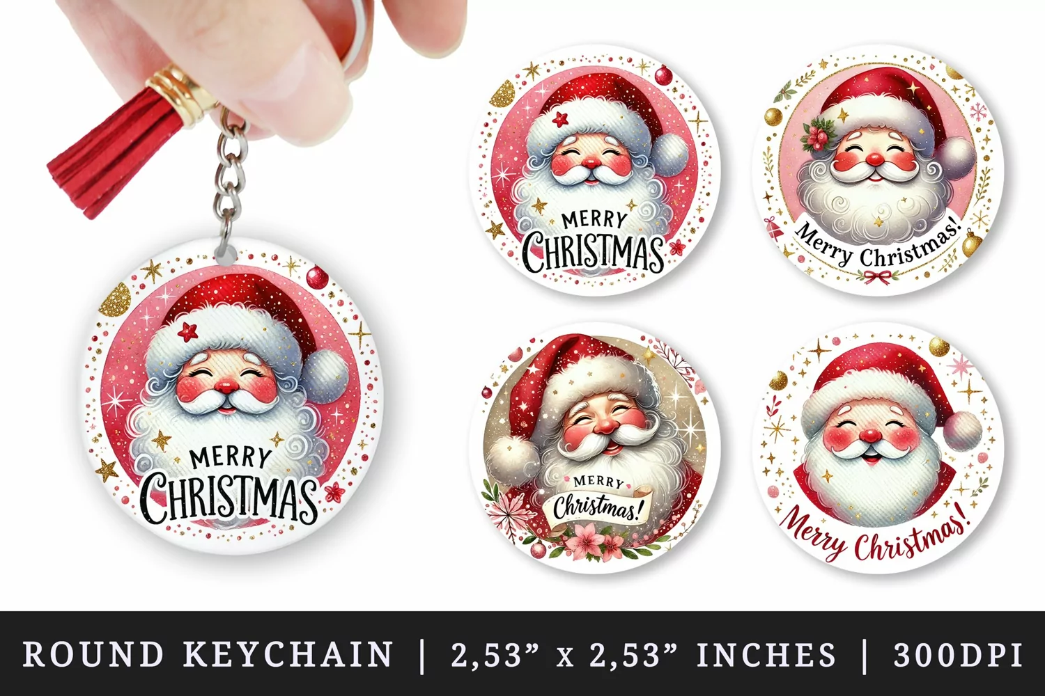 Watercolor cute Santa Claus face rosy cheeks twinkling sparkles Merry Christmas quote New Year winter print round keychain keychains sublimation design