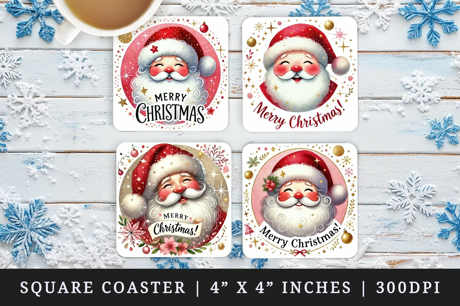 Watercolor cute Santa Claus face rosy cheeks sparkles Merry Christmas quote New Year winter print square coaster mug coasters sublimation design