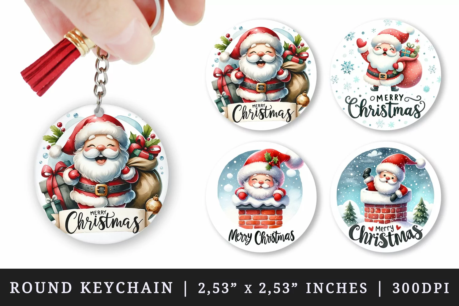 Watercolor cute Santa Claus with bag of gifts stuck in chimney Merry Christmas quote New Year winter print round keychain keychains sublimation design