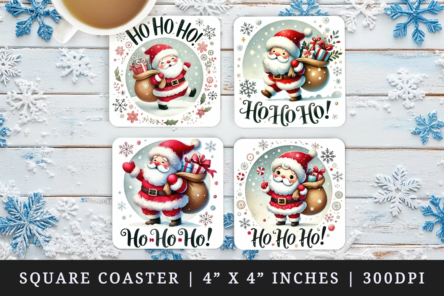 Watercolor cute Santa Claus with sack of gifts snowflake Ho Ho Ho quote Christmas New Year winter print square coaster mug coasters sublimation design